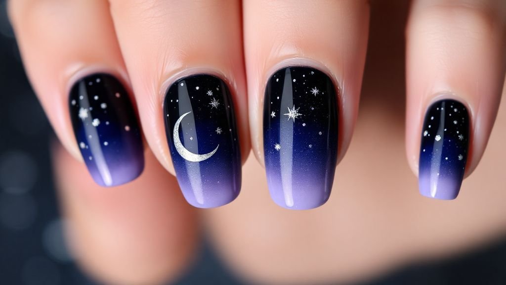 Stunning midnight sky nail art featuring a gradient of deep blue and purple with star accents