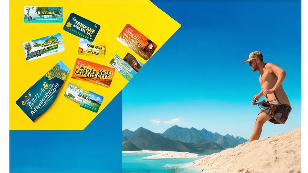 Adventure and travel vouchers displayed with scenic backgrounds of various travel destinations