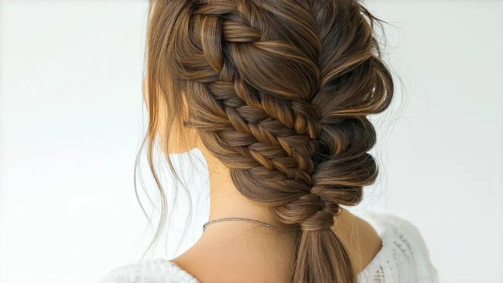 A stylish half-up, half-down hairstyle featuring intricate braids, combining elegance and playfulness.