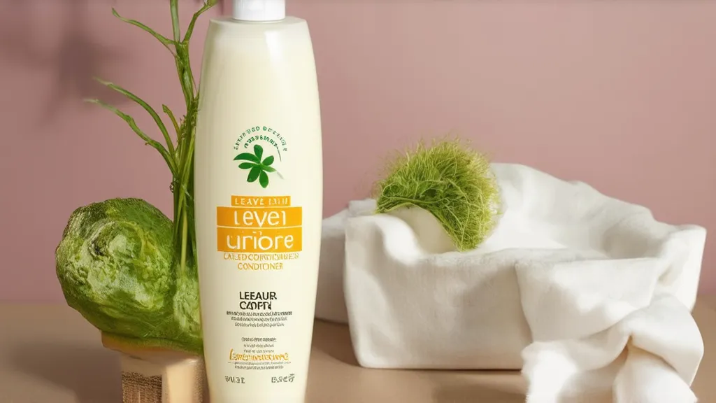 A bottle of leave-in conditioner displayed on a vanity, surrounded by hair care products and a comb