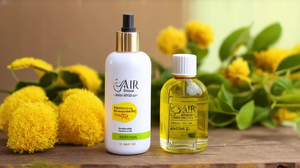 A bottle of hair oil placed on a wooden surface, surrounded by fresh herbs and a small bowl of oil.