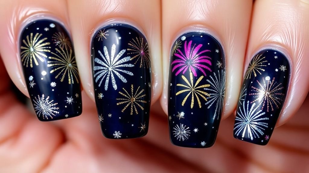 Colorful festive fireworks nail art featuring bright colors and sparkly accents