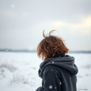 Woman with dry, frizzy hair struggling with winter hair damage, looking for ways to keep her hair healthy.