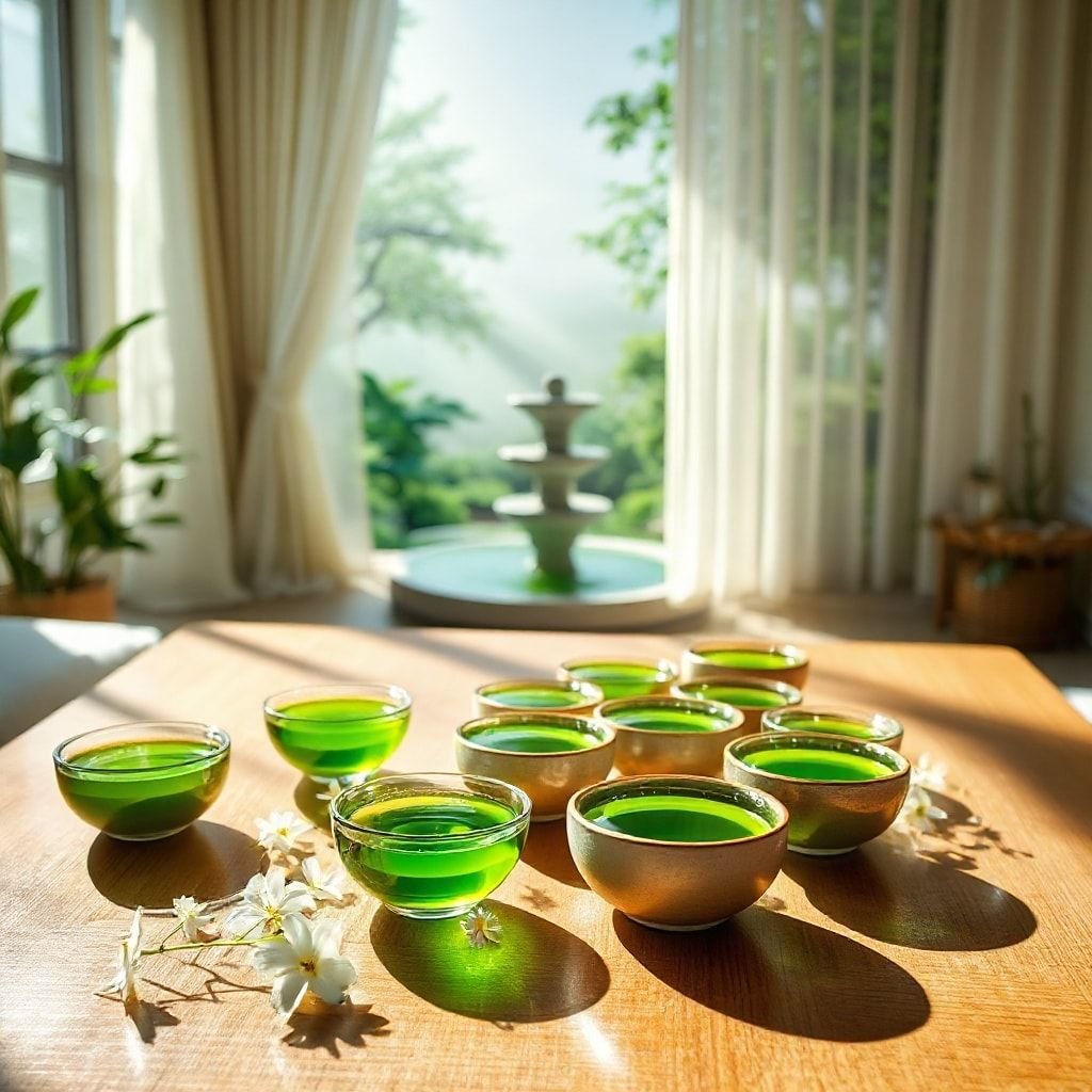 A cup of brewed green tea with loose tea leaves and a sprig of fresh mint on a wooden surface.