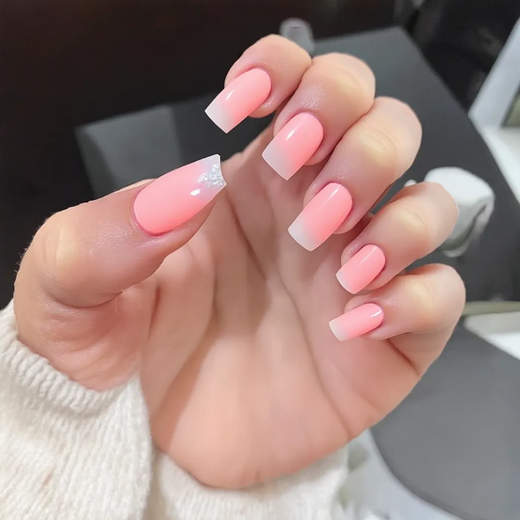 A close-up of beautifully manicured acrylic nails in various colors and designs, showcasing their glossy finish and intricate nail art.
