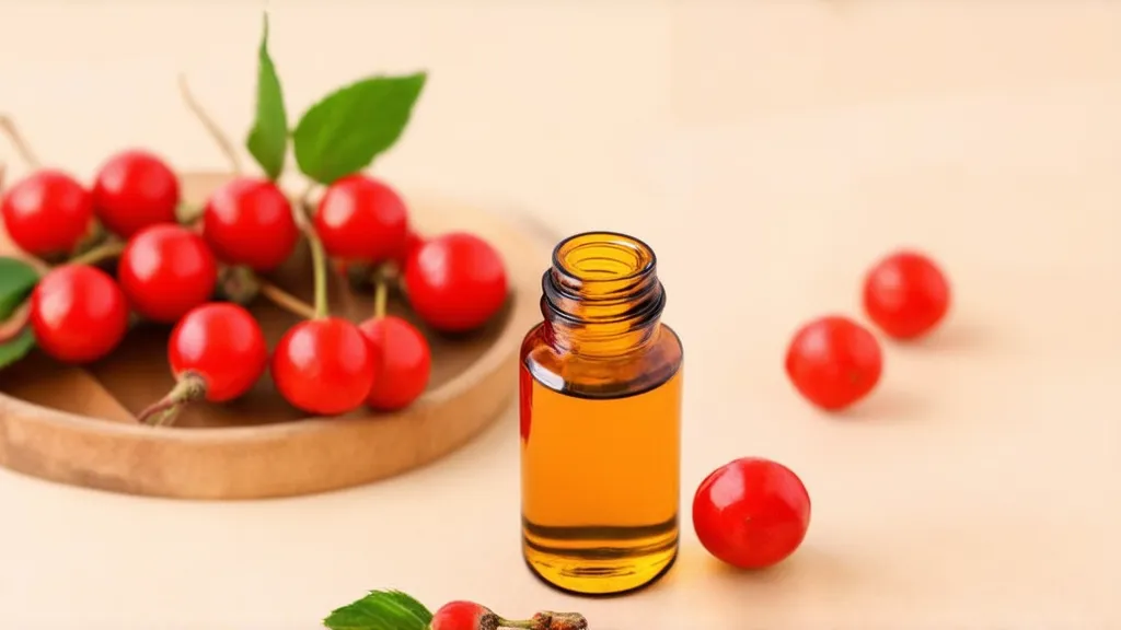A bottle of rosehip oil surrounded by fresh rose hips and leaves.