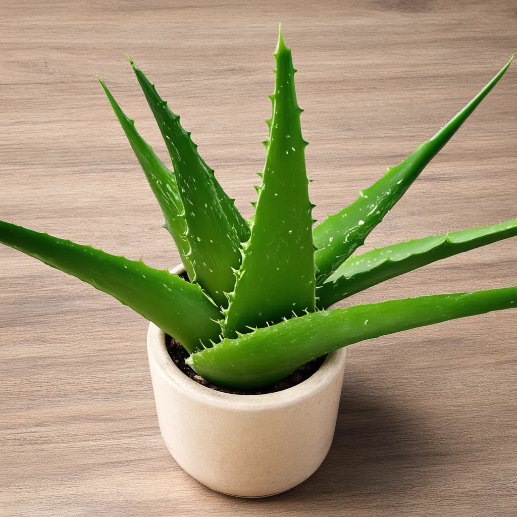 Fresh aloe vera leaves with a sliced piece revealing the gel inside, placed on a wooden surface.