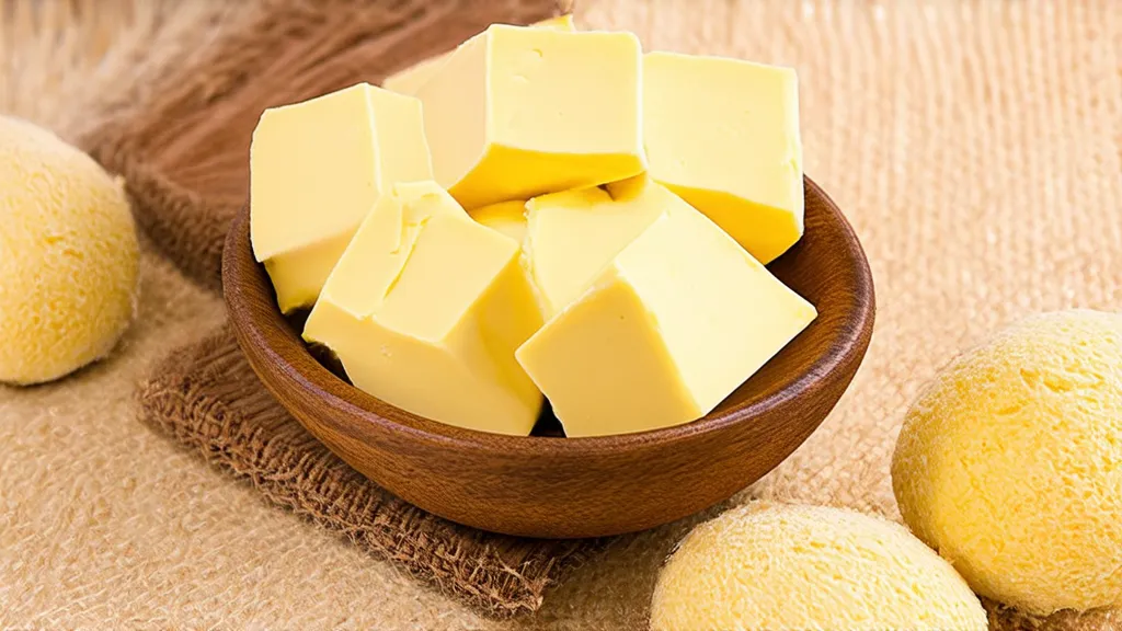 A bowl of raw shea butter with a wooden spoon, perfect for moisturizing and healing dry skin.