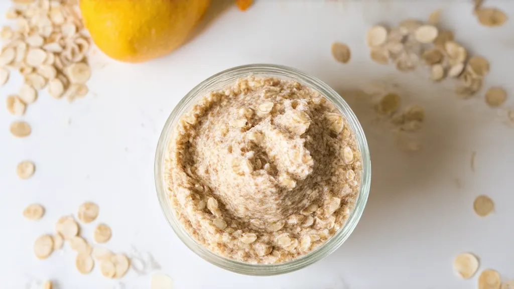 A soothing oatmeal scrub mixture with a bowl of oatmeal and coconut oil on the side