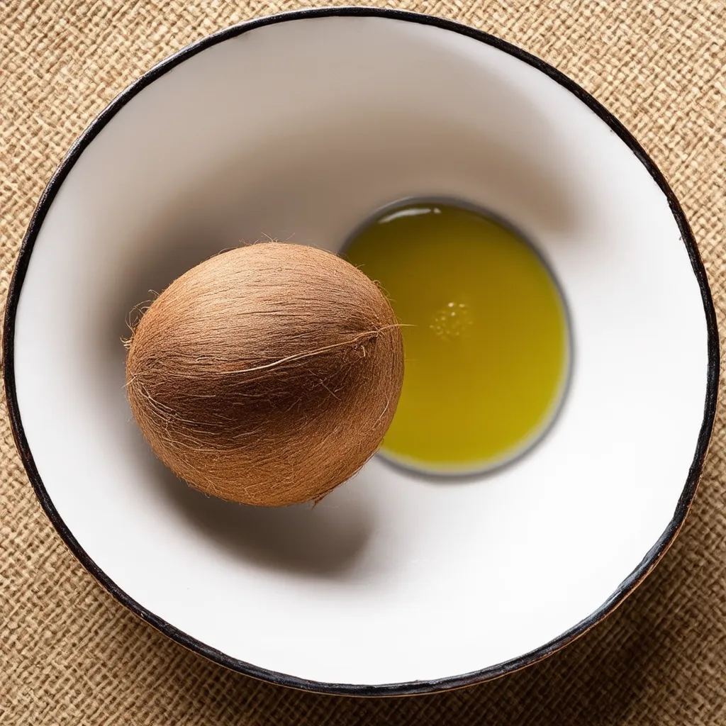 A jar of organic coconut oil with a wooden spoon, surrounded by fresh coconuts and coconut flakes on a rustic wooden background