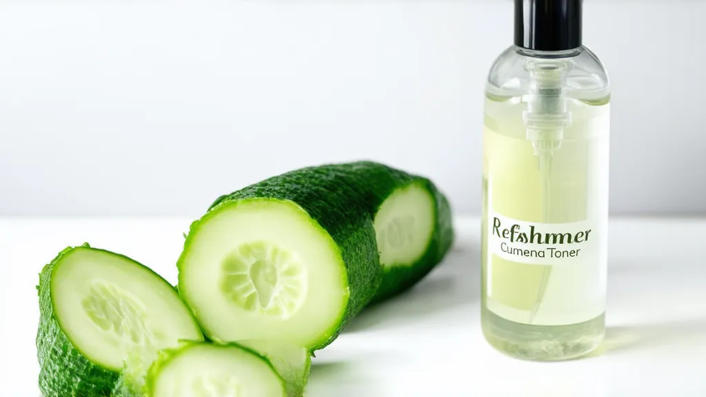 A glass bottle of refreshing cucumber toner with cucumber slices and rose water.