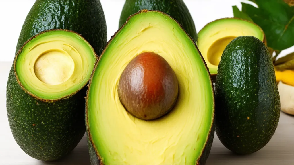 A halved avocado with its seed, showcasing its creamy texture and natural moisturizing properties.