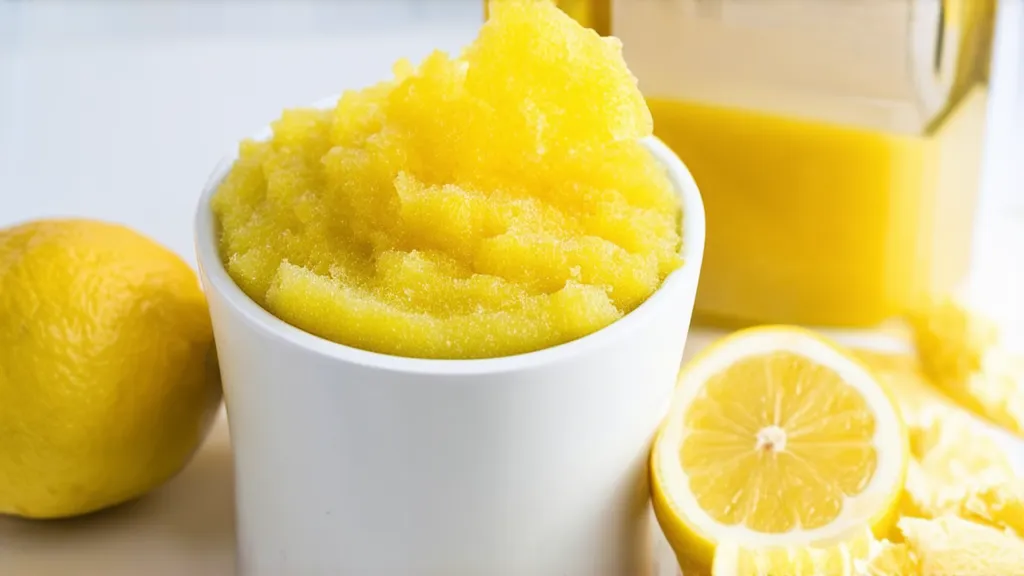 A jar of brightening lemon sugar scrub with fresh lemon slices and olive oil.