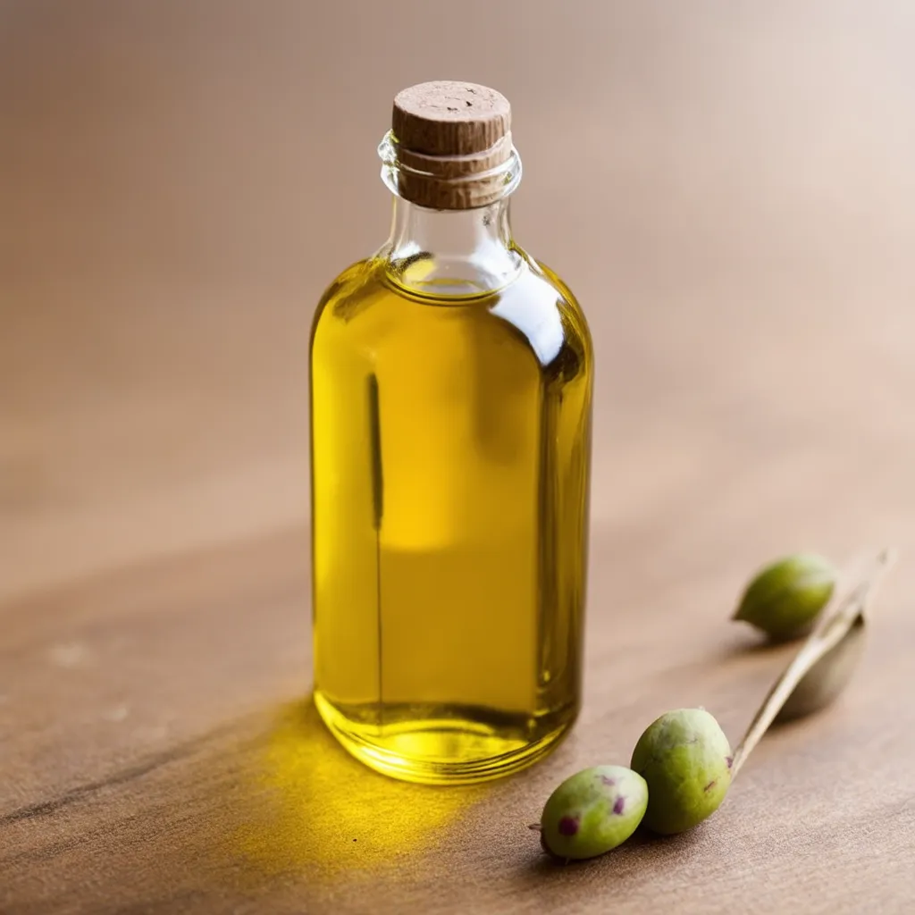 A small glass bottle of golden jojoba oil with fresh jojoba seeds and leaves on a wooden surface.
