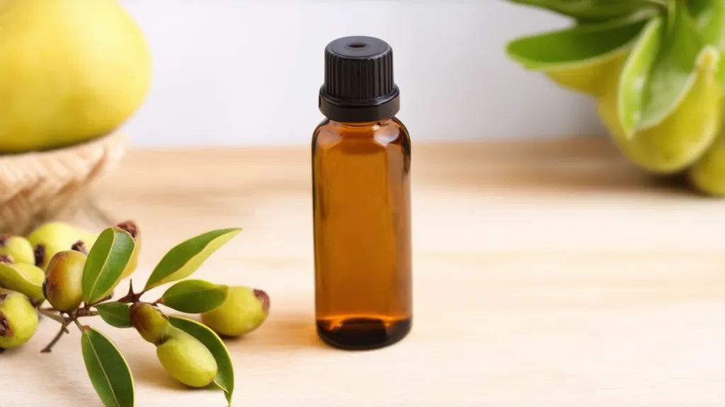 A glass bottle of jojoba oil with a dropper, a lightweight and nourishing moisturizer for dry skin.