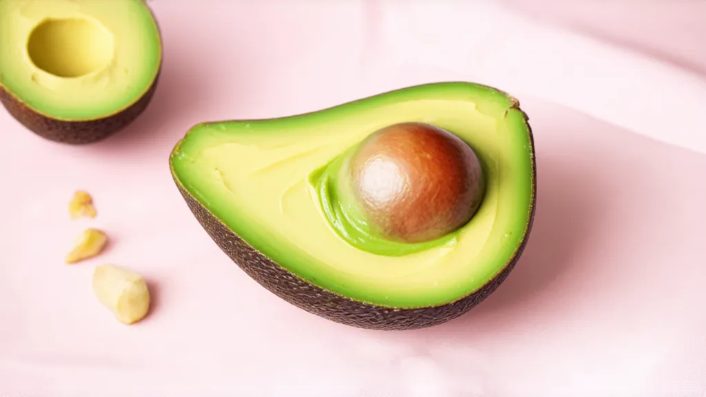 A creamy avocado hair mask in a bowl with half an avocado, honey, and olive oil.