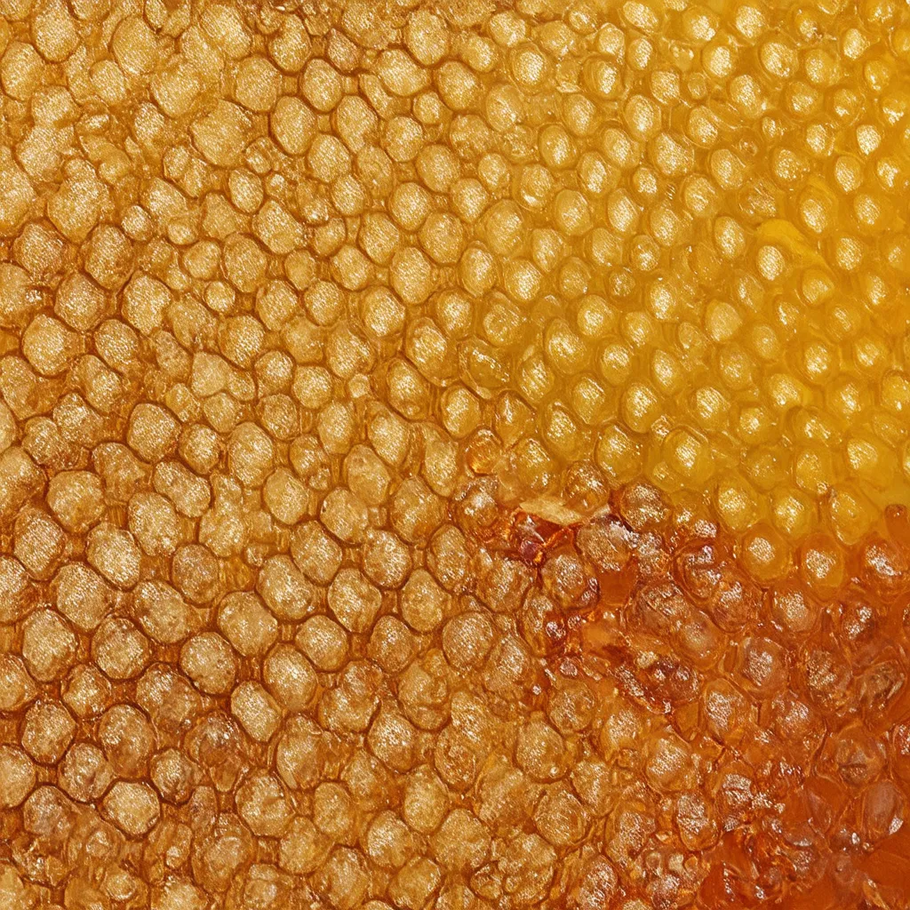 A jar of raw honey with a wooden honey dipper, surrounded by honeycomb and flowers on a rustic wooden table