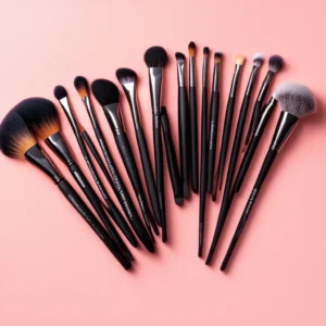A collection of essential makeup brushes arranged neatly on a white background, ideal for beginners learning makeup techniques.