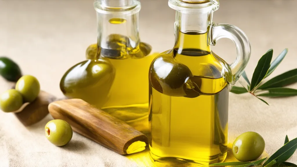 A glass bottle of extra virgin olive oil with a small bowl, a nourishing moisturizer for dry skin.