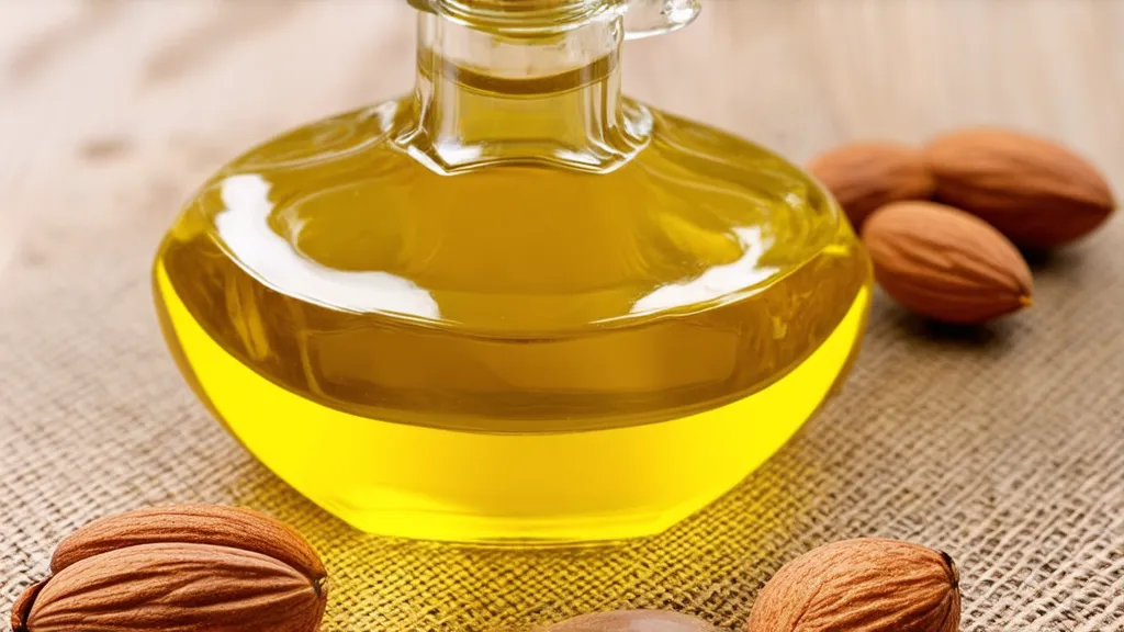 A bottle of almond oil with almonds scattered around.