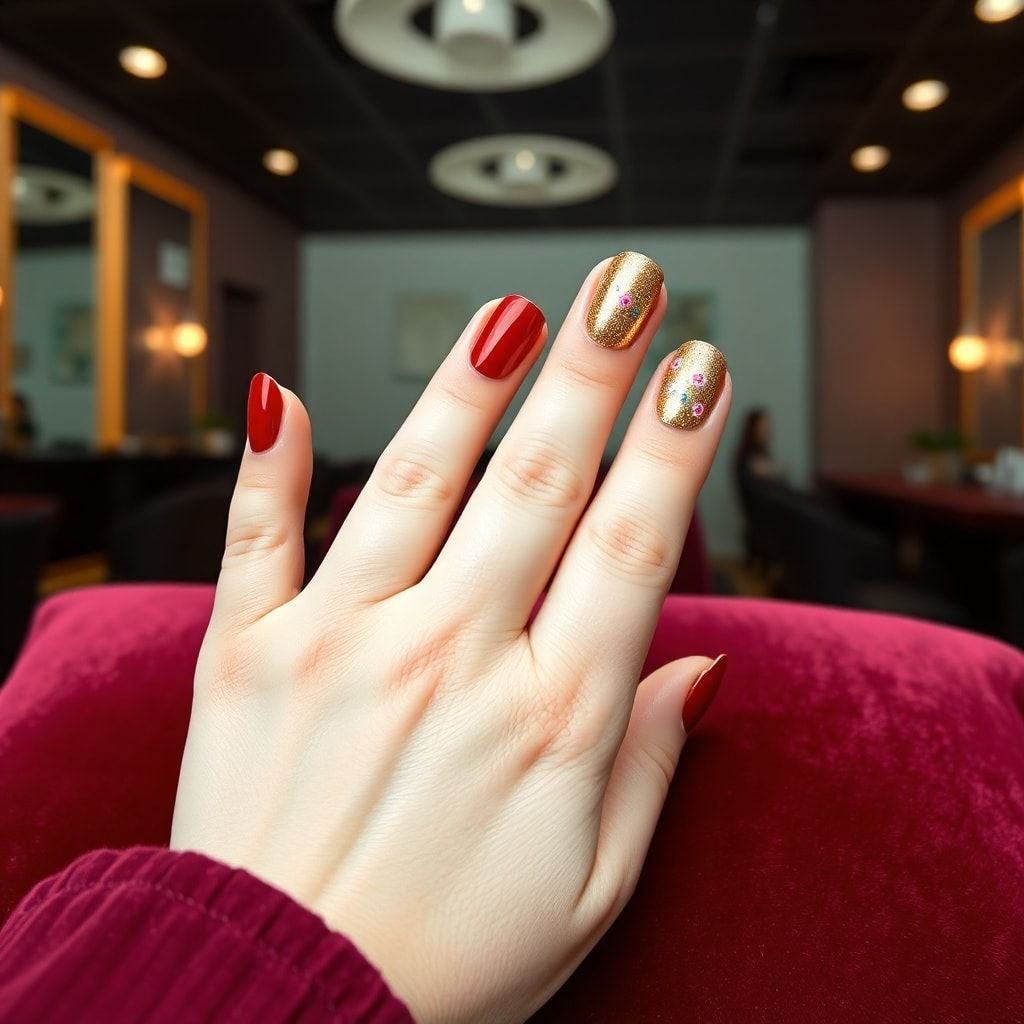 A close-up of elegantly manicured gel nails featuring a glossy finish and a variety of colors and designs, including a subtle ombre effect.