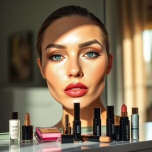 Makeup essentials for oily skin including mattifying primer, translucent powder, and foundation on a vanity table