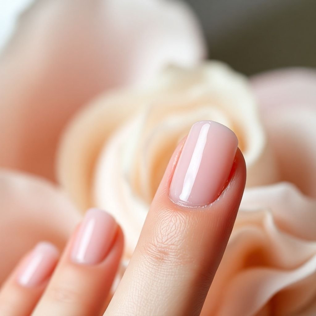 A close-up of well-groomed natural nails with a clear polish, showcasing their healthy appearance and neatly trimmed cuticles