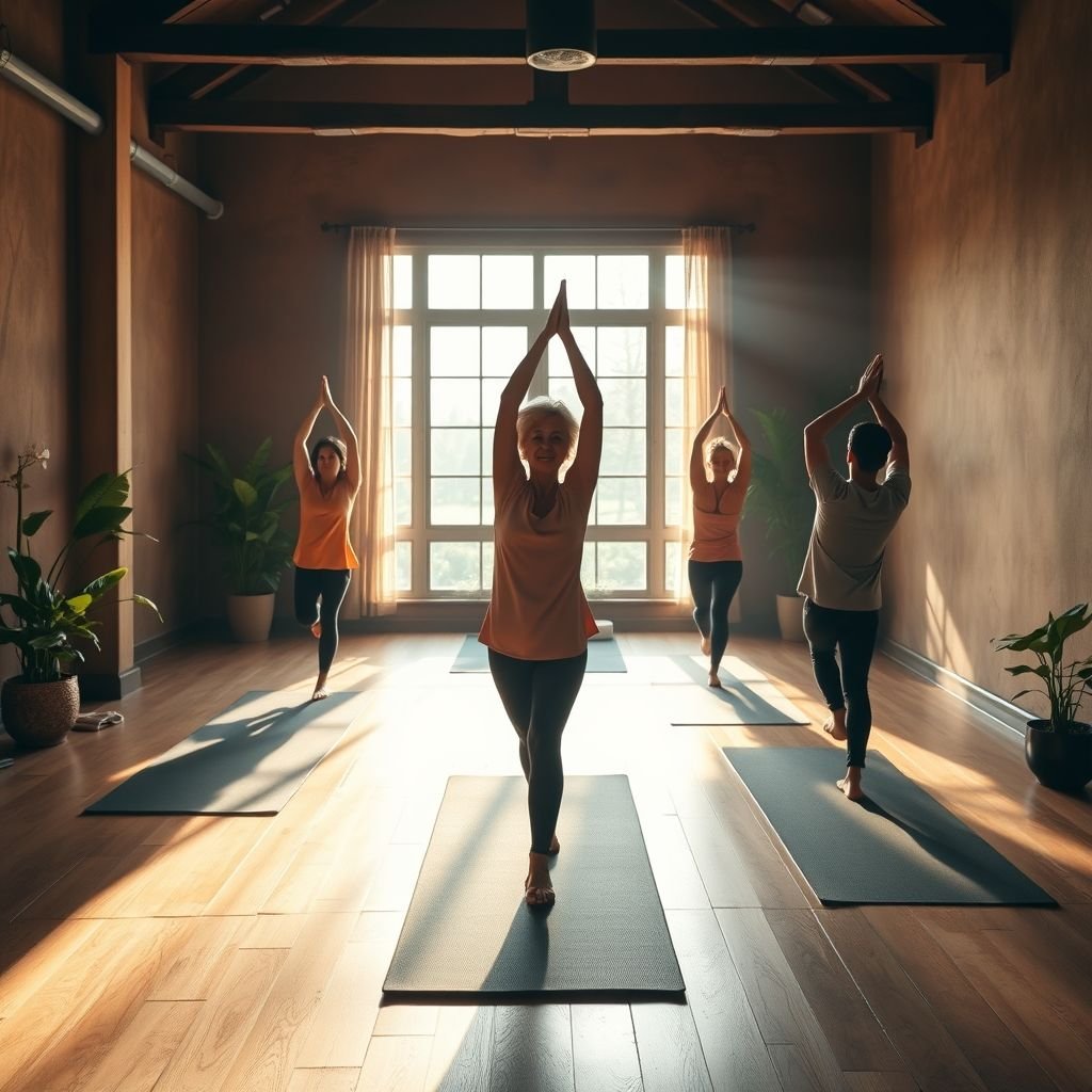 A woman practicing yoga in a peaceful living room, performing a gentle stretch to relieve period cramps naturally.