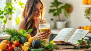 A variety of fresh fruits, vegetables, nuts, and proteins arranged on a wooden table, symbolizing a balanced diet for hair health.