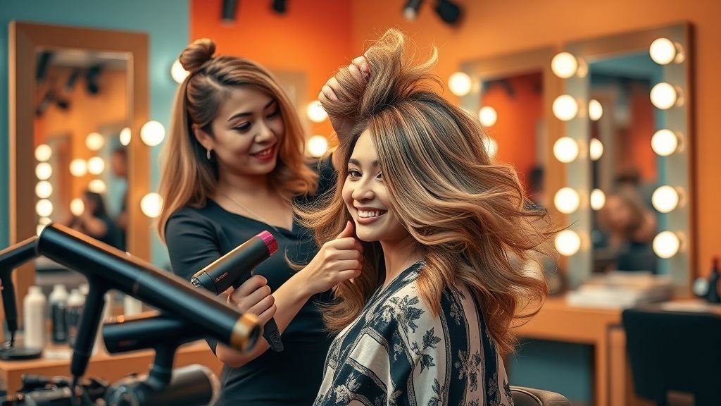 A woman using a blow-dryer and a round brush to add volume to her hair