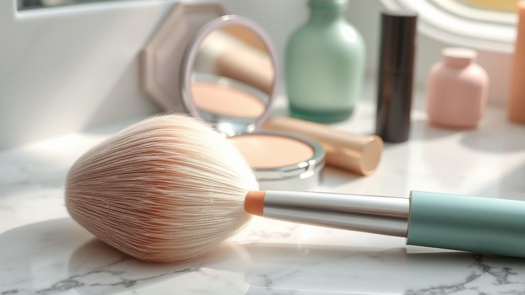 A tapered concealer brush blending product under the eyes