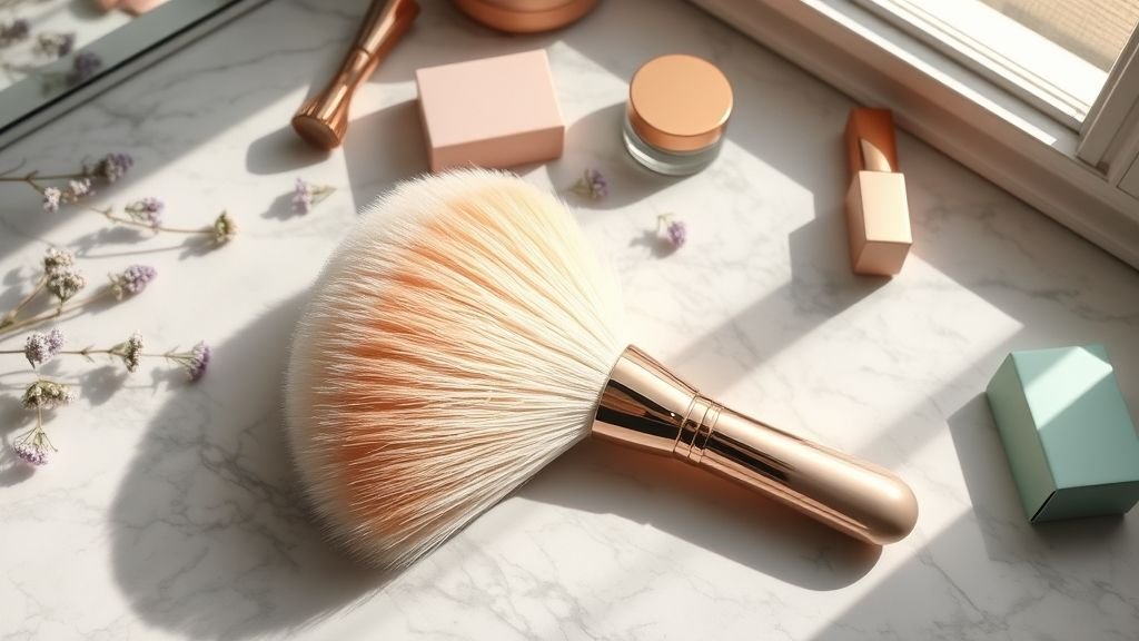 A fluffy powder brush dusting translucent setting powder on the face