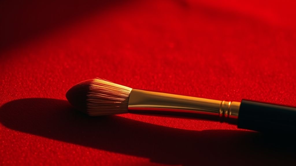 A fine-tipped lip brush applying red lipstick for precise definition.