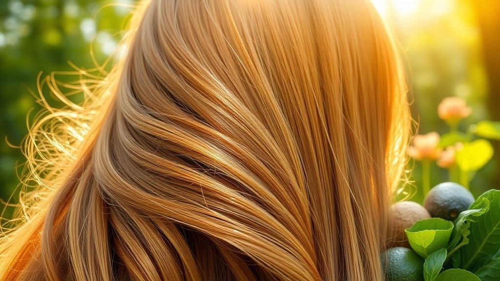 A close-up of biotin-rich foods like eggs, almonds, and avocados on a kitchen counter.