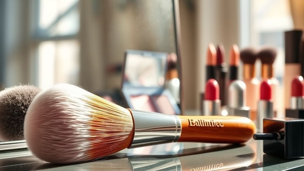 A flat-top kabuki foundation brush applying liquid foundation
