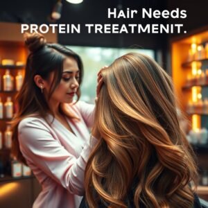 Close-up of a woman with healthy, shiny hair after a protein treatment, showcasing strength and repair.