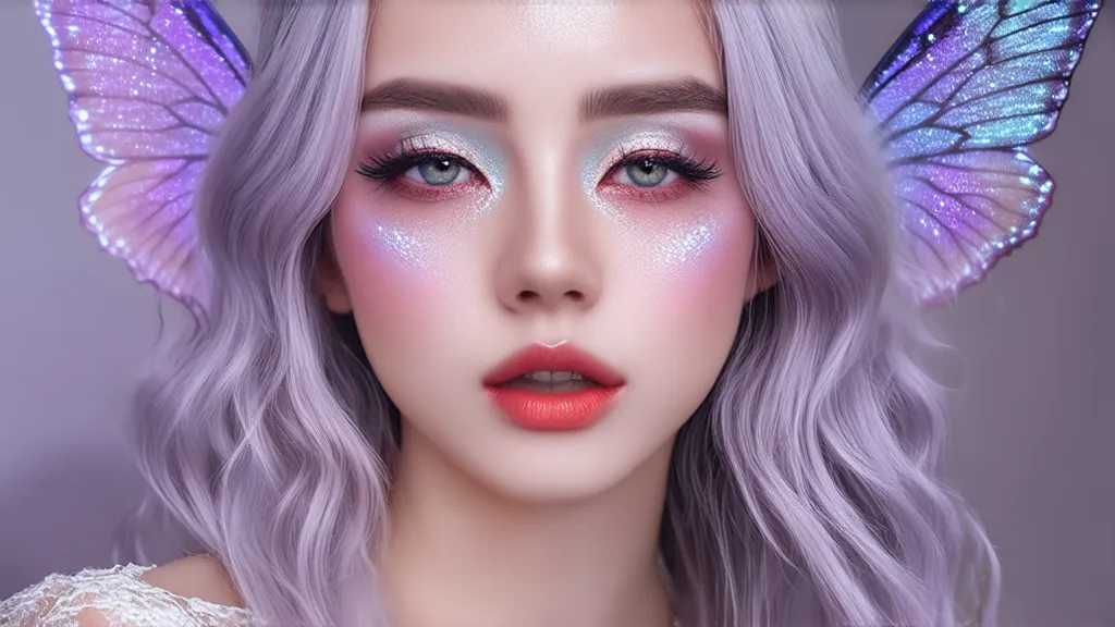 Soft fairycore festival makeup with pastel shades, iridescent highlights, and floral accents.