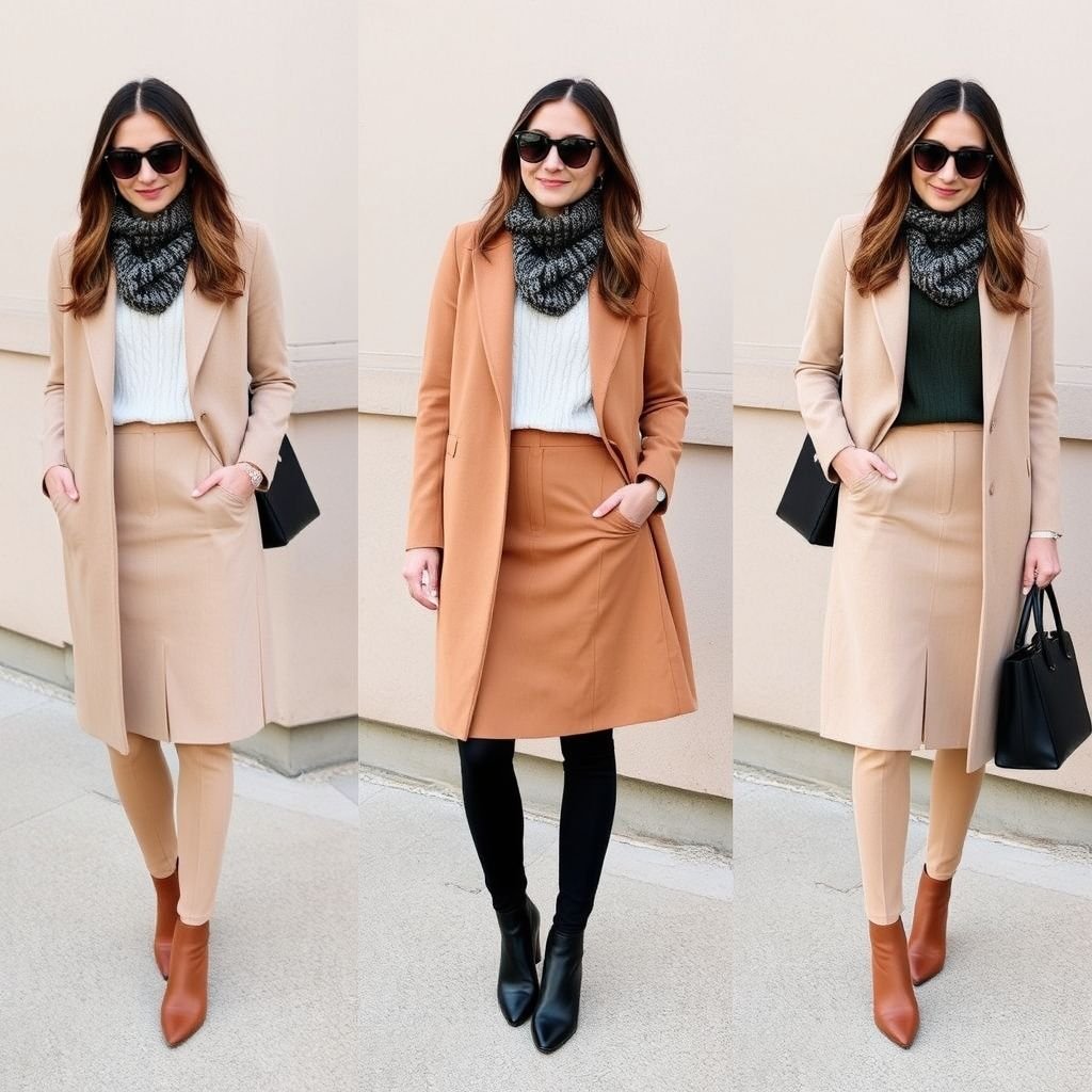A professional woman wearing a fall/winter work outfit with a wool coat, turtleneck, and tailored pants