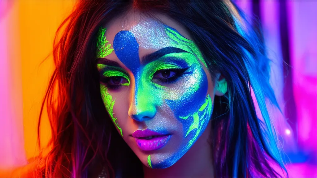 Vibrant neon and UV-reactive festival makeup glowing under blacklight – bold colors for electric vibes.