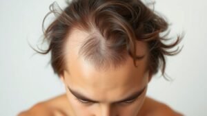 A close-up illustration of a human scalp showing hair follicles and hair strands, highlighting the density and structure of hair growth