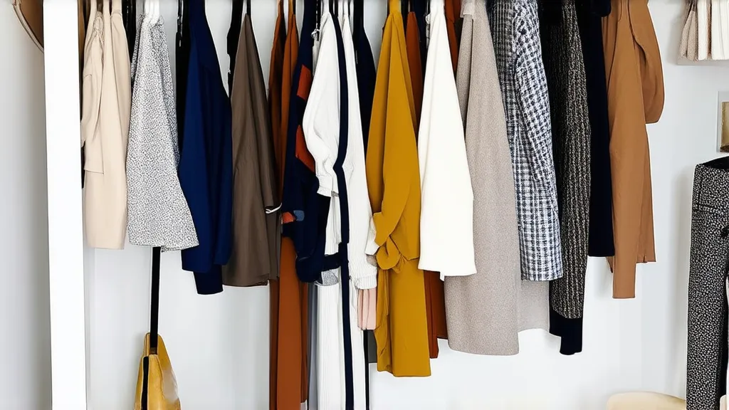 Minimalist capsule wardrobe with neutral clothing pieces organized by type
