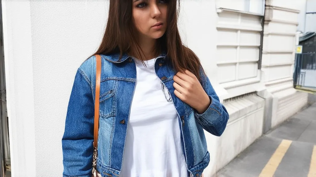 Travel outfit featuring a classic denim jacket layered over a white basic tee, paired with black jeans and white sneakers