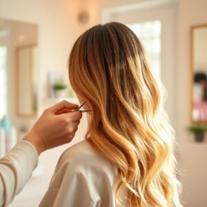 A woman getting her hair trimmed by a stylist to promote hair health and growth, showcasing the importance of regular trims