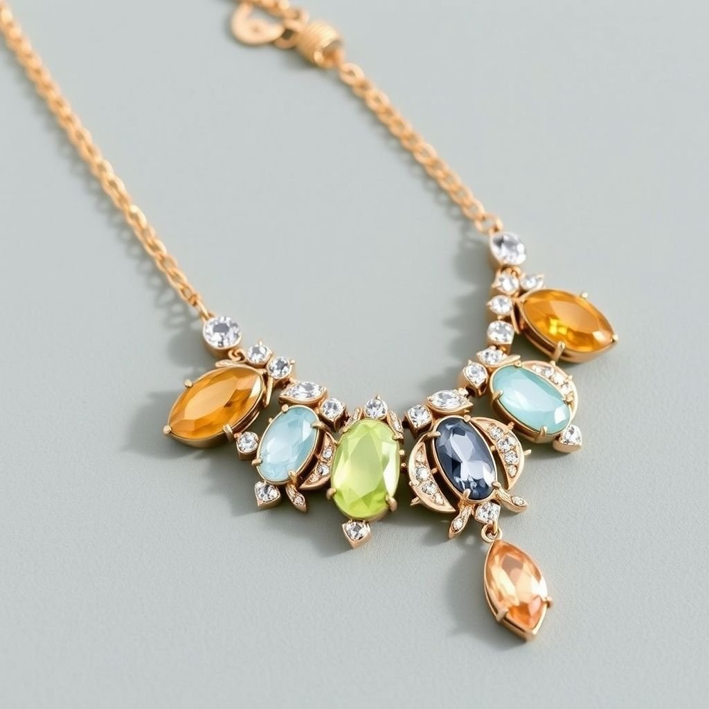 A close-up of bold statement jewelry, including a chunky necklace and oversized earrings, perfect for party looks