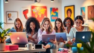 Diverse group of women using smartphones and laptops, creating and sharing content on social media platforms