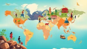 Women's Travel Trends 2025: A diverse group of women exploring destinations, embracing solo travel, group trips, and sustainable adventures