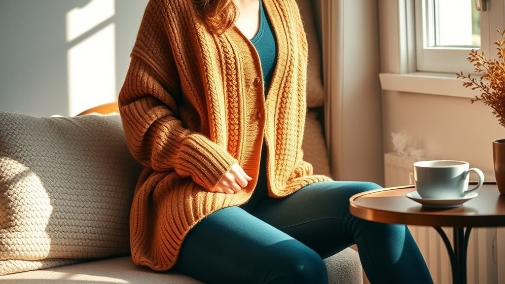 Travel outfit featuring a long beige cardigan over black leggings, paired with ankle boots for a cozy and stylish look