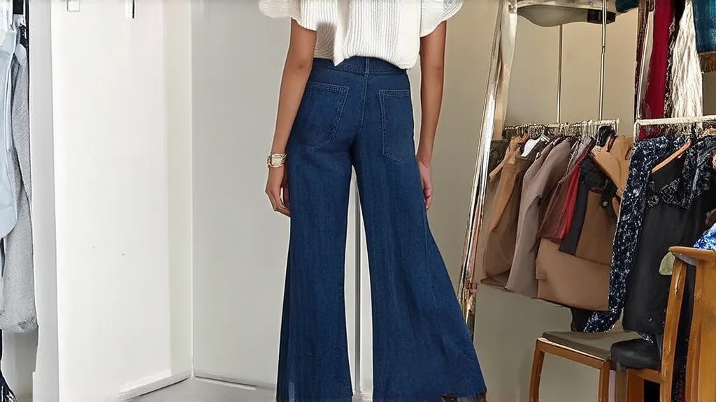 Petite woman wearing high-waisted jeans with a tucked-in blouse and heels