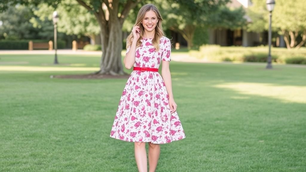 Woman twirling in a floral tea-length dress in a garden setting