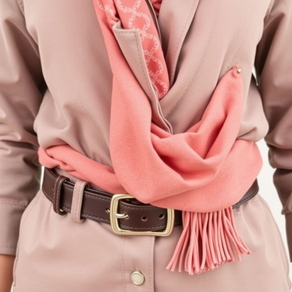 Fashion belts and printed scarves styled on dresses, coats, and blouses
